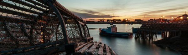 Lobster traps and boat 600x176